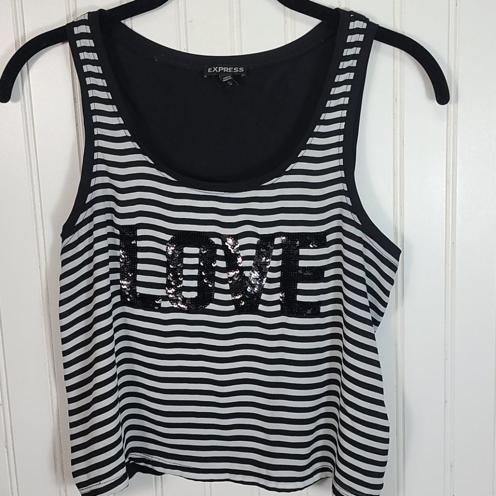 Express XS Black/White Crop Tank Sequin LOVE